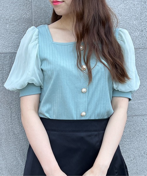 TORTE(トルテ)の「袖チュール前ボタンテレコトップス(Tシャツ/カットソー・レディース・ホワイト/ブラック/ライトグリーン/ライトピンク・FREE)」の3枚目の写真