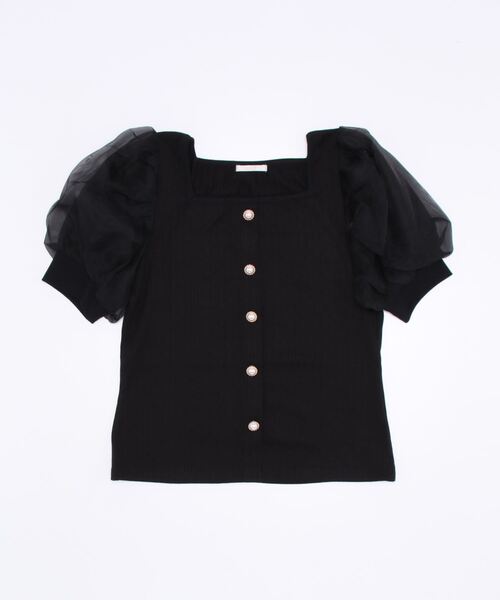 TORTE(トルテ)の「袖チュール前ボタンテレコトップス(Tシャツ/カットソー・レディース・ホワイト/ブラック/ライトグリーン/ライトピンク・FREE)」の6枚目の写真