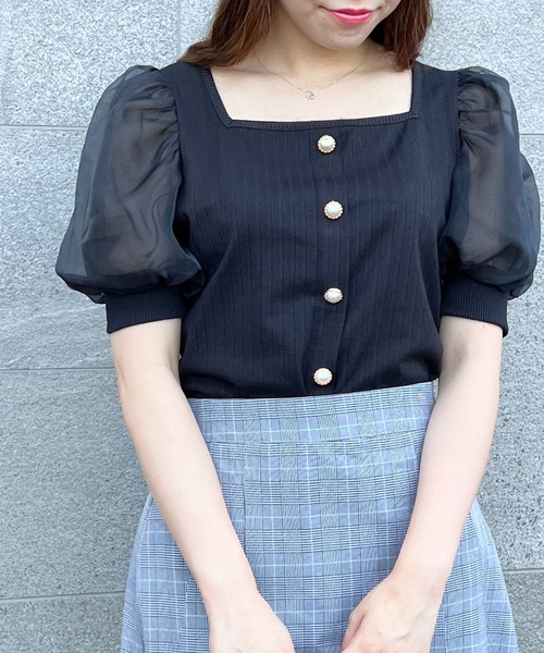 TORTE(トルテ)の「袖チュール前ボタンテレコトップス(Tシャツ/カットソー・レディース・ホワイト/ブラック/ライトグリーン/ライトピンク・FREE)」の18枚目の写真