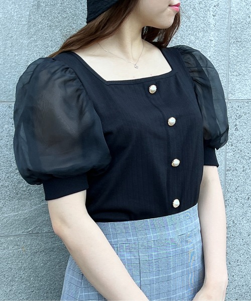 TORTE(トルテ)の「袖チュール前ボタンテレコトップス(Tシャツ/カットソー・レディース・ホワイト/ブラック/ライトグリーン/ライトピンク・FREE)」の14枚目の写真