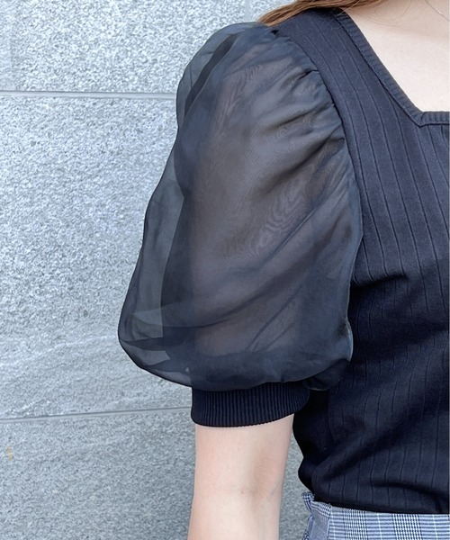 TORTE(トルテ)の「袖チュール前ボタンテレコトップス(Tシャツ/カットソー・レディース・ホワイト/ブラック/ライトグリーン/ライトピンク・FREE)」の11枚目の写真