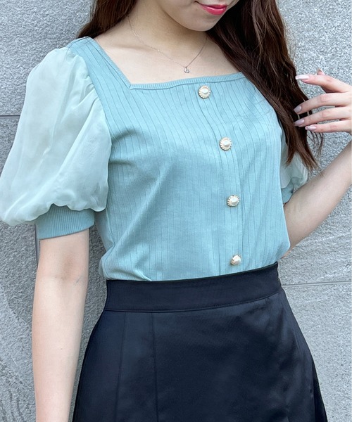 TORTE(トルテ)の「袖チュール前ボタンテレコトップス(Tシャツ/カットソー・レディース・ホワイト/ブラック/ライトグリーン/ライトピンク・FREE)」の19枚目の写真
