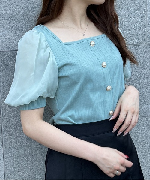 TORTE(トルテ)の「袖チュール前ボタンテレコトップス(Tシャツ/カットソー・レディース・ホワイト/ブラック/ライトグリーン/ライトピンク・FREE)」の15枚目の写真