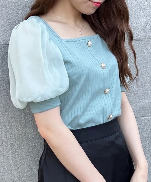 TORTE(トルテ)の「袖チュール前ボタンテレコトップス(Tシャツ/カットソー・レディース・ホワイト/ブラック/ライトグリーン/ライトピンク・FREE)」の12枚目の写真