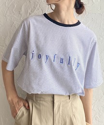 メッセージロゴ刺繍配色リンガーマルチボーダー半袖Tシャツ