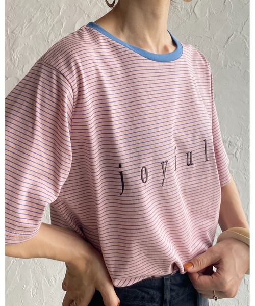 She's Closet(シーズクローゼット)の「メッセージロゴ刺繍配色リンガーマルチボーダー半袖Tシャツ(Tシャツ/カットソー・レディース・ホワイト/ピンク/ブルー・FREE)」の6枚目の写真
