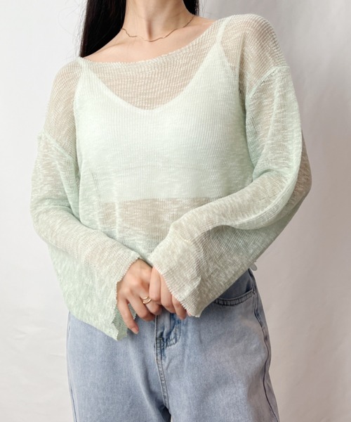 シースルーメッシュクロップドボートネックプルオーバー