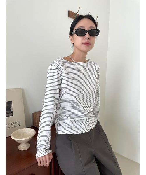 Didot.showroom（ディドット ショールーム）の「ボートネックピンストライプロンT（Tシャツ/カットソー・レディース・ブラック/ベージュ/ブラウン/ホワイト・FREE）」の11枚目の写真