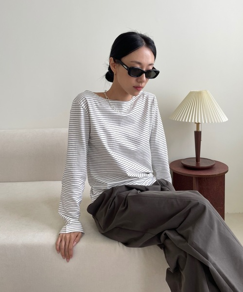 Didot.showroom（ディドット ショールーム）の「ボートネックピンストライプロンT（Tシャツ/カットソー・レディース・ブラック/ベージュ/ブラウン/ホワイト・FREE）」の12枚目の写真