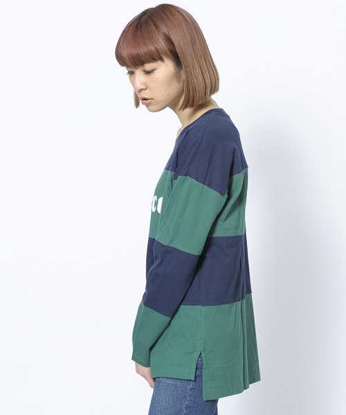 X-girl（エックスガール）の「X-girl×Champion STRIPED L/S TOP（Tシャツ/カットソー・レディース・ホワイト/チャコールグレー/ネイビー・2/1）」の4枚目の写真