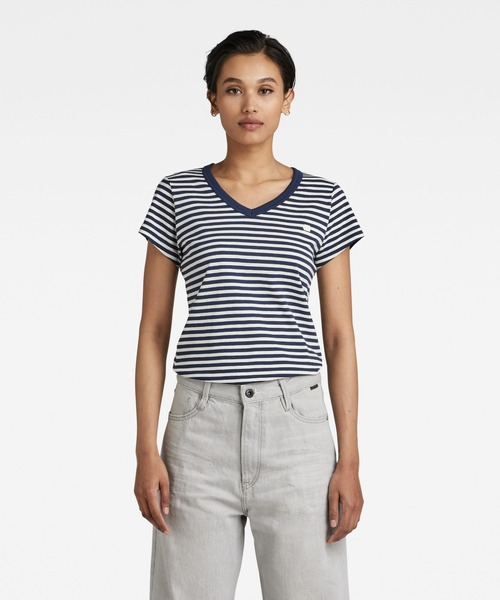 G-STAR(ジースター)の「EYBEN STRIPE SLIM V-NECK TOP/ストライプT/ワンポイント(Tシャツ/カットソー・レディース・ストライプ・SMALL/X-SMALL/MEDIUM)」の1枚目の写真