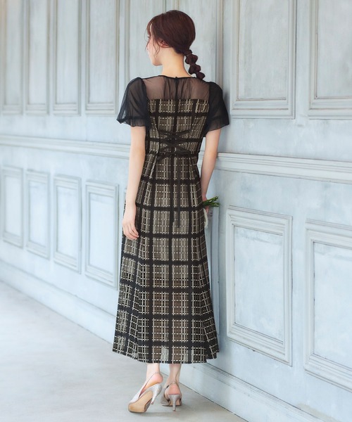 girl(ガール)の「チェック柄レースアップ フレア ロング 結婚式 ワンピース パーティードレス オケージョンドレス お呼ばれ 二次会 成人式 同窓会(ドレス・レディース・ブラック/ベージュ・S/M)」の3枚目の写真