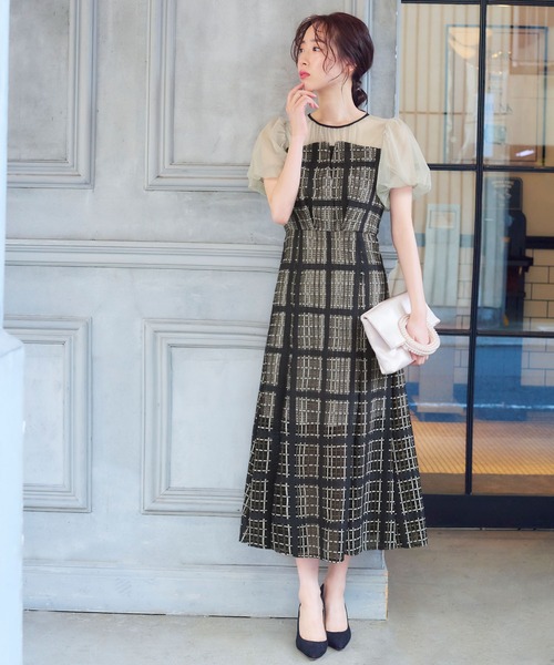 girl(ガール)の「チェック柄レースアップ フレア ロング 結婚式 ワンピース パーティードレス オケージョンドレス お呼ばれ 二次会 成人式 同窓会(ドレス・レディース・ブラック/ベージュ・S/M)」の7枚目の写真
