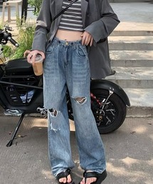 ウオッシュ加工ダメージデニムパンツ