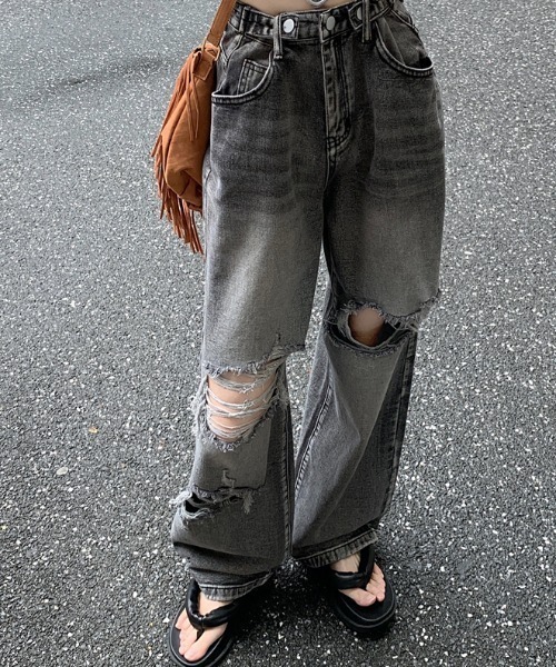 Vipoa（ヴィポア）の「ウオッシュ加工ダメージデニムパンツ（デニムパンツ・レディース・グレー/ブルー・MEDIUM/LARGE）」の8枚目の写真