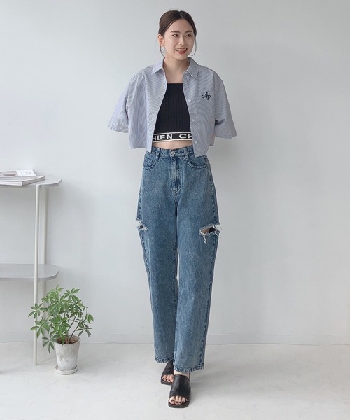 AS KNOW AS plus（アズノゥアズプラス）の「〇サイドスリットダメージデニムパンツ（デニムパンツ・レディース・サックスブルー/ケミカルウォッシュ/ブラック系/グレー系/サックスブルー系・FREE）」の14枚目の写真