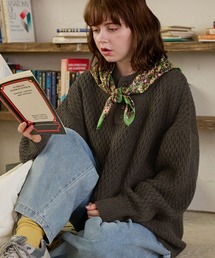 サーマル編みニットヘンリーネックミリタリージープセーターブラウン