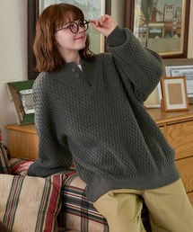サーマル編みニットヘンリーネックミリタリージープセーターチャコールグレー