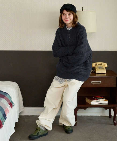 サーマル編みニットヘンリーネックミリタリージープセーター MONO-MART