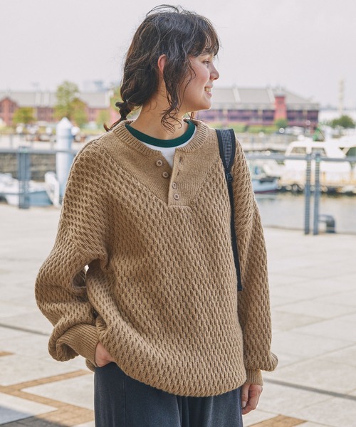 サーマル編みニットヘンリーネックミリタリージープセーター MONO-MART