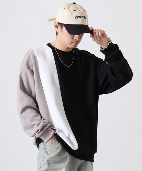 スウェット トレーナー 切替 バイカラー カジュアル 韓国 b13387 セール】Color-switching punch sweatshirt / 3色切り替えポンチ