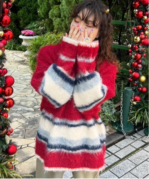 DOUBLE NAME（ダブルネーム）の「アルパカタッチマルチボーダーニットプルオーバー/ユニセックス可（ニット/セーター・レディース・レッド/キナリ/サックスブルー・FREE）」の3枚目の写真