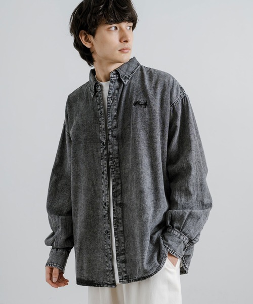 Rocky Monroe（ロッキーモンロー）の「オーバーサイズ 6ozデニム ワンポイント刺繍ルーズシャツ（シャツ/ブラウス・メンズ・ブラック/ライトブラック/ケミカルウォッシュ・M/L）」の9枚目の写真