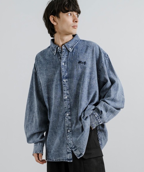 Rocky Monroe（ロッキーモンロー）の「オーバーサイズ 6ozデニム ワンポイント刺繍ルーズシャツ（シャツ/ブラウス・メンズ・ブラック/ライトブラック/ケミカルウォッシュ・M/L）」の12枚目の写真