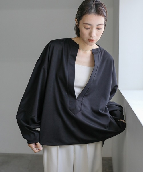 select MOCA（セレクトモカ）の「キーネックランタンスリーブプルオーバー（Tシャツ/カットソー・レディース・ブラック/ベージュ・FREE）」の5枚目の写真