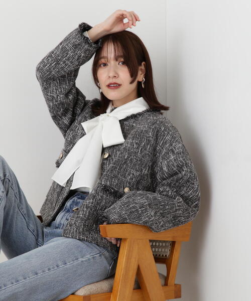 N.（N. Natural Beauty Basic）（エヌエヌナチュラルビューティーベーシック）の「【S Size Line】◆スラブツイードショートブルゾン（ブルゾン・レディース・オフホワイト/グレー・MEDIUM/SMALL）」の4枚目の写真