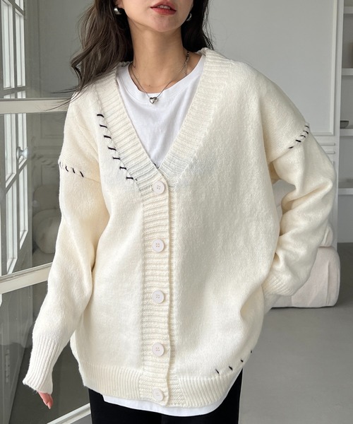 SHEPP(シープ)の「配色ステッチ オーバーサイズ カーディガン(カーディガン/ボレロ・レディース・ホワイト/ブラック/アイボリー/グレー・L/M)」の21枚目の写真