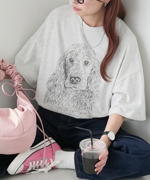 BONLECILL(ボンルシール)の「DOGプリントTEE(Tシャツ/カットソー・レディース・ブラック/オフホワイト/オートミール・FREE)」の1枚目の写真