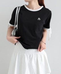 袖リボンワンポイントエンブロイダリーリンガーTシャツ