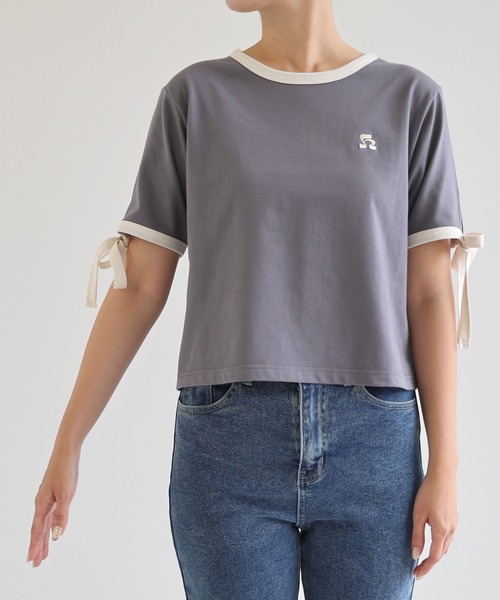 andme(アンドミー)の「袖リボンワンポイントエンブロイダリーリンガーTシャツ(Tシャツ/カットソー・レディース・ブルー系その他/ブラック×ホワイト/ホワイト×ブラック/ピンク系その他・FREE)」の22枚目の写真