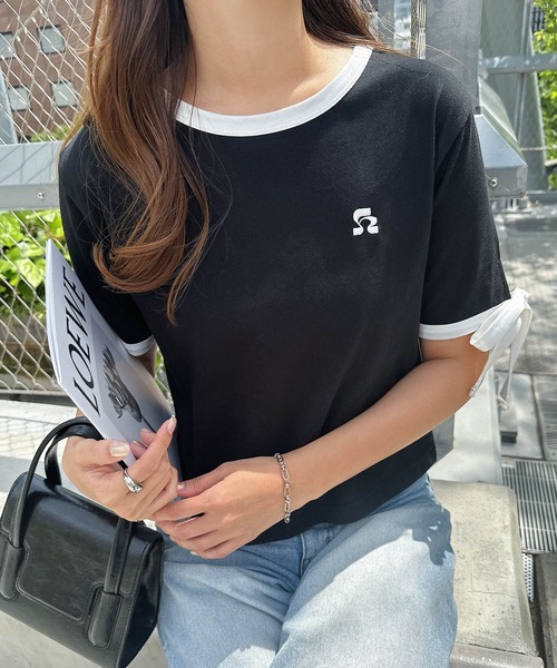 andme(アンドミー)の「袖リボンワンポイントエンブロイダリーリンガーTシャツ(Tシャツ/カットソー・レディース・ブルー系その他/ブラック×ホワイト/ホワイト×ブラック/ピンク系その他・FREE)」の6枚目の写真