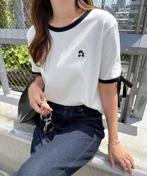andme(アンドミー)の「袖リボンワンポイントエンブロイダリーリンガーTシャツ(Tシャツ/カットソー・レディース・ブルー系その他/ブラック×ホワイト/ホワイト×ブラック/ピンク系その他・FREE)」の9枚目の写真