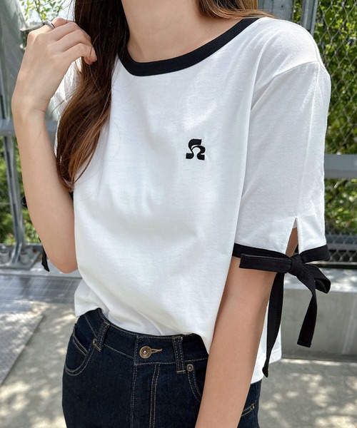 andme(アンドミー)の「袖リボンワンポイントエンブロイダリーリンガーTシャツ(Tシャツ/カットソー・レディース・ブルー系その他/ブラック×ホワイト/ホワイト×ブラック/ピンク系その他・FREE)」の10枚目の写真