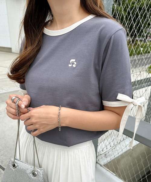 andme(アンドミー)の「袖リボンワンポイントエンブロイダリーリンガーTシャツ(Tシャツ/カットソー・レディース・ブルー系その他/ブラック×ホワイト/ホワイト×ブラック/ピンク系その他・FREE)」の15枚目の写真