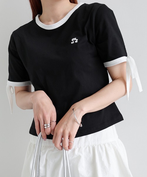 セール】袖リボンワンポイントエンブロイダリーリンガーTシャツ
