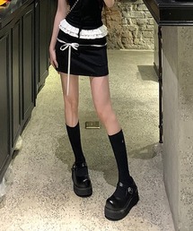 リボンハイウェストフリル配色ミニスカート