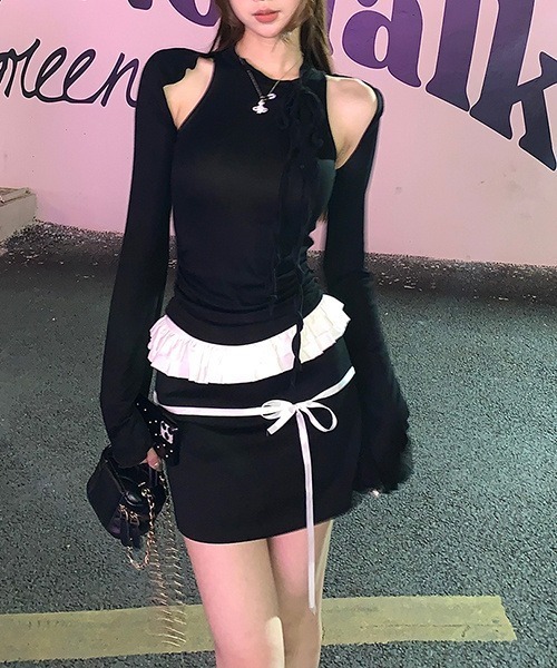 gossip!ロサンゼルス(ゴシップロサンゼルス)の「リボンハイウェストフリル配色ミニスカート(スカート・レディース・ブラック・S/M/L)」の13枚目の写真
