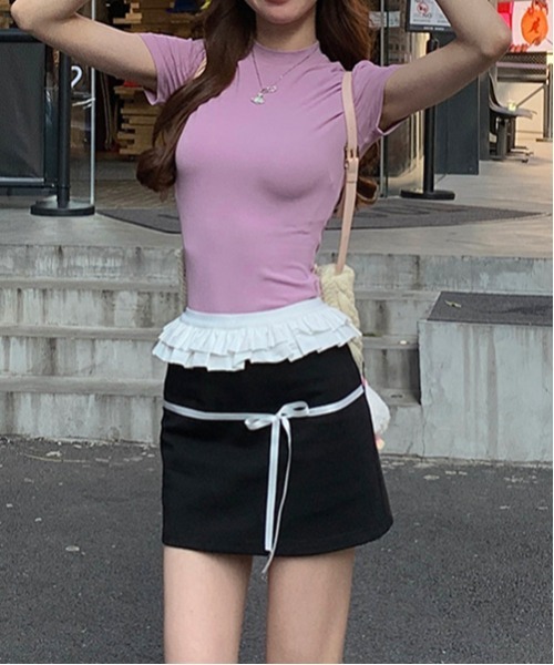 gossip!ロサンゼルス(ゴシップロサンゼルス)の「リボンハイウェストフリル配色ミニスカート(スカート・レディース・ブラック・S/M/L)」の8枚目の写真