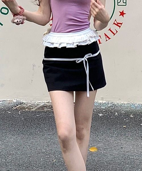 gossip!ロサンゼルス(ゴシップロサンゼルス)の「リボンハイウェストフリル配色ミニスカート(スカート・レディース・ブラック・S/M/L)」の18枚目の写真