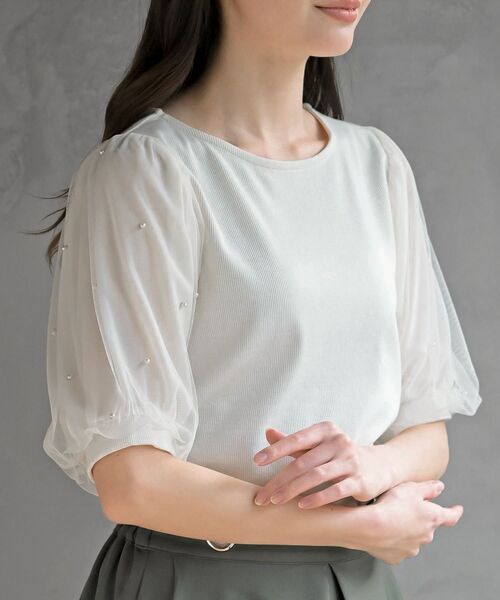 rps（アールピーエス）の「チュールパールハーフスリーブカットプルオーバー（Tシャツ/カットソー・レディース・オフホワイト/ブラック・フリー）」の2枚目の写真