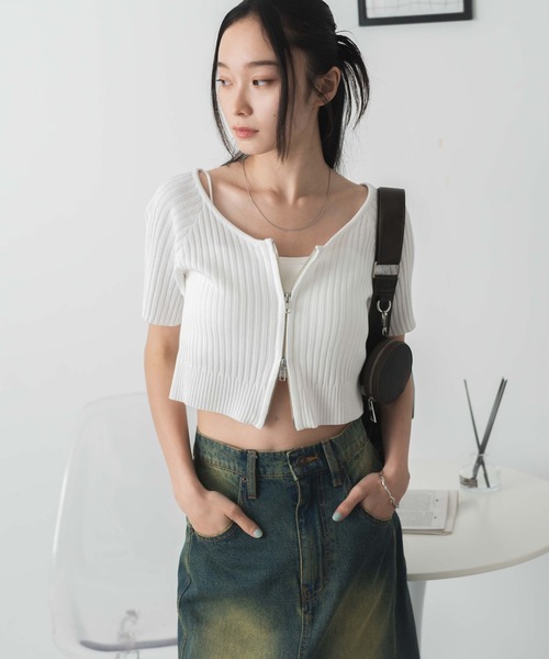 WEGO(ウィゴー)の「WEGO/ダブルジップオフショルニットトップス(ニット/セーター・レディース・オフホワイト/ブラック・FREE)」の14枚目の写真