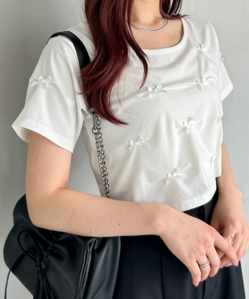 Heather(ヘザー)の「サテンリボンTEE 127405(Tシャツ/カットソー・レディース・ブラック/ピンク/ホワイト・FREE)」の1枚目の写真