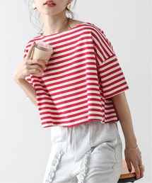 クロップドボーダーTシャツ/スタイルアップ/快適素材