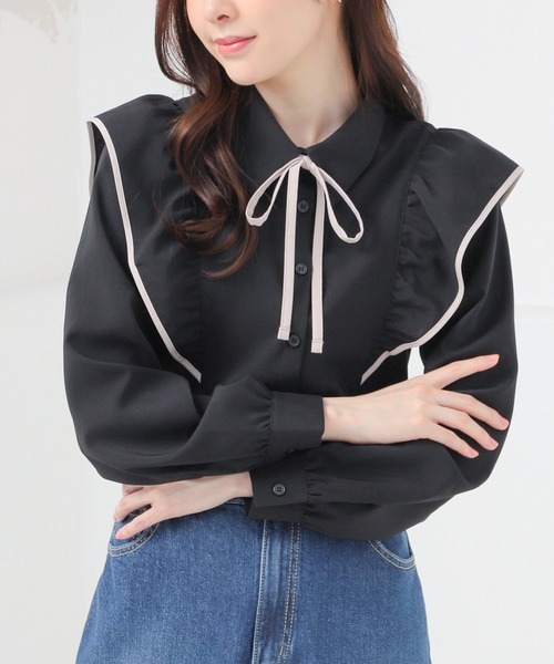 Honeys（ハニーズ）の「リボン付フリルブラウス（シャツ/ブラウス・レディース・ホワイト/ベージュ/サックスブルー/ブラック・LL/L/M/S）」の12枚目の写真