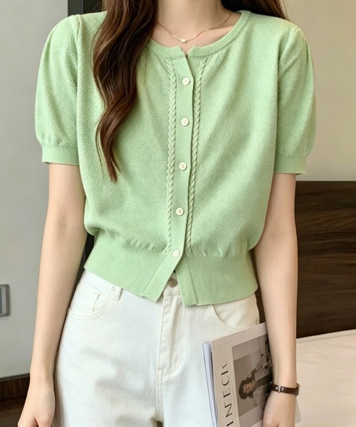 Miniministore(ミニミニストア)の「ニットカーディガン きれいめ 無地 大人 夏服(カーディガン/ボレロ・レディース・グリーン/ホワイト/ベージュ/ブラック/ピンク・FREE)」の4枚目の写真