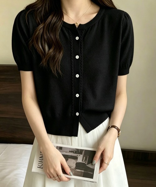 Miniministore(ミニミニストア)の「ニットカーディガン きれいめ 無地 大人 夏服(カーディガン/ボレロ・レディース・グリーン/ホワイト/ベージュ/ブラック/ピンク・FREE)」の2枚目の写真
